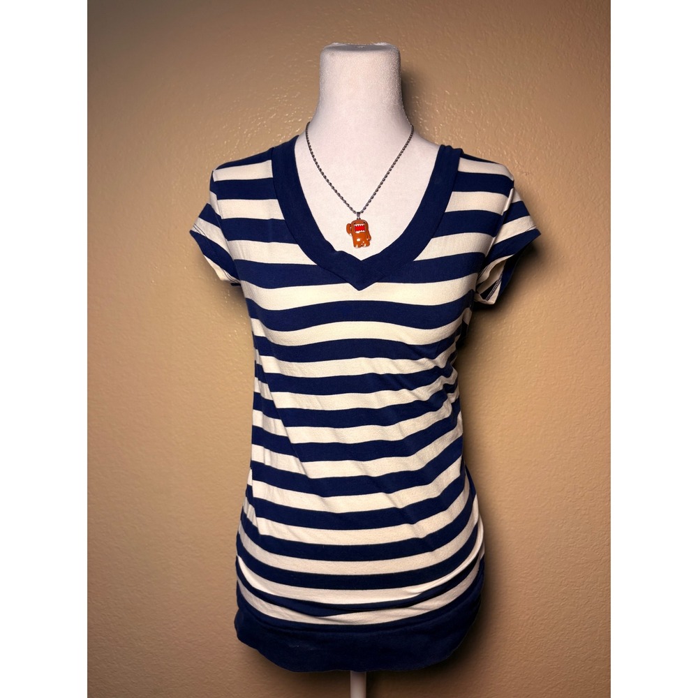 Y2K Scene SO Women Striped V-Neck Short Sleeve Tee Shirt Top Small #9